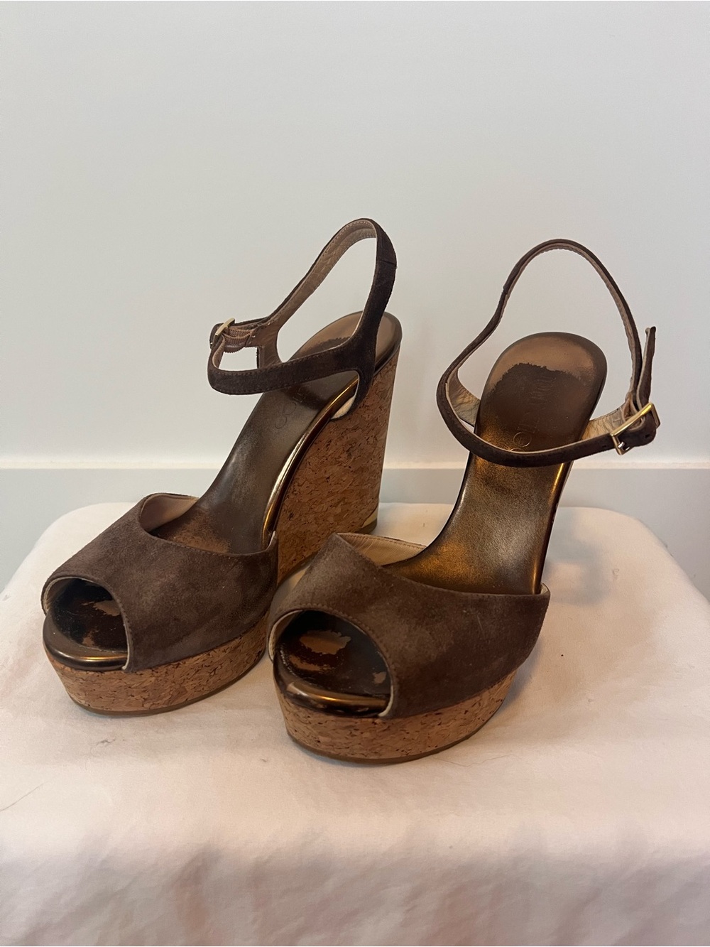 Jimmy Choo Brown Suede Cork Platform Wedge Sandals with Ankle Strap